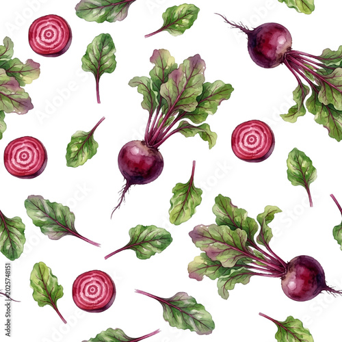 Beetroot watercolor seamless pattern with whole beets, slices, green leaves. ...