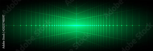 Glowing neon wireframe background. Green shining checkered grid planes in perspective. Bright retro futuristic horizon wallpaper. Arcade game sci fi matrix surface
