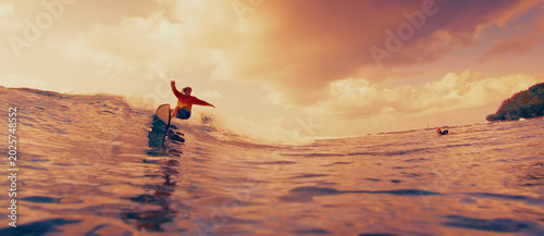 Fotografie Surfer carving on a wave at sunset with warm golden light