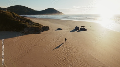 Canvas Print Surfer walks alone on the wide sandy beach towards surfing spot