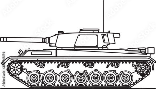 Εκτύπωση καμβά A detailed line drawing illustrates the side profile of a military tank, showcasing its tracks, turret, and cannon with precision and clarity