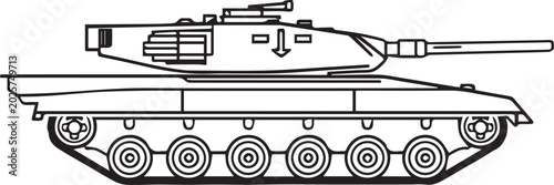 Canvas Print A line art illustration depicts a powerful military tank, showcasing its tracks, turret, and cannon with clean, sharp detail