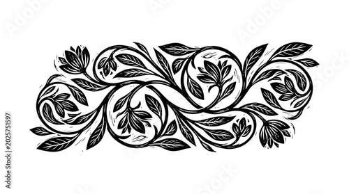 Black floral design with leaves and flowers.