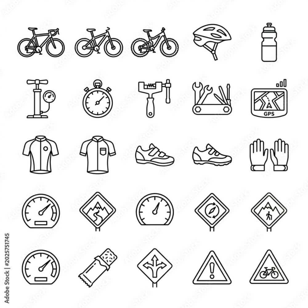 Fototapeta premium Bicycle Sport and Cycling Accessories Line Icons Set. Vector Outline Symbols of Road Bike, Mountain Bike, Helmet, Multi-Tool Repair Equipment, GPS Navigation, Speedometer, Jersey, and Trail Safety Sig