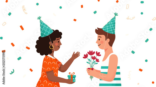 Two friends, one receiving a gift and the other presenting flowers, wearing party hats amidst falling confetti. Diverse celebration concept.