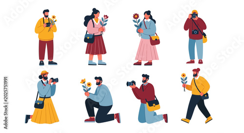 Collection of stylized characters capturing floral beauty with cameras, representing hobbies, creativity, and outdoor activities.
