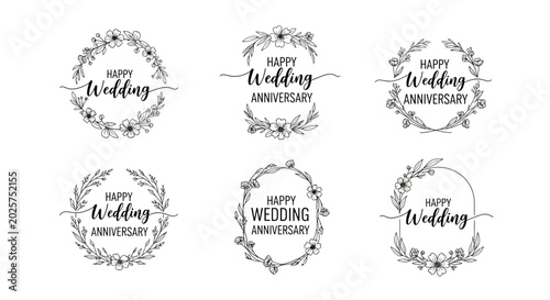 Set of six hand-drawn floral wreath badges with 'Happy Wedding' and 'Happy Wedding Anniversary' text. Perfect for invitations and celebrations.