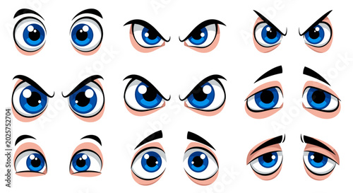 A set of diverse cartoon eyes displaying a range of emotions like surprise, anger, curiosity, and suspicion. Perfect for animation and illustration.