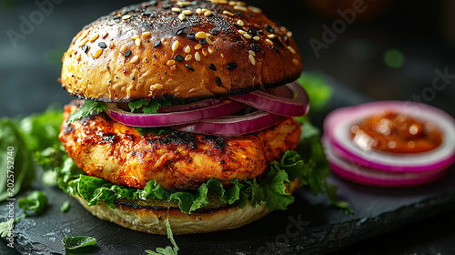 Juicy grilled chicken burger with fresh lettuce, onion, and spicy sauce on dark slate surface