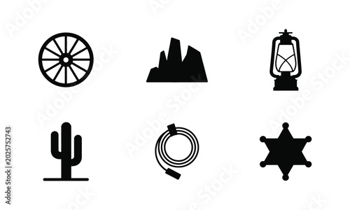 Western and cowboy elements vector icons set, wagon wheel, mountains.