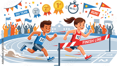Tableau sur toile Cartoon kids running race on track stadium approaching finish line ribbon during