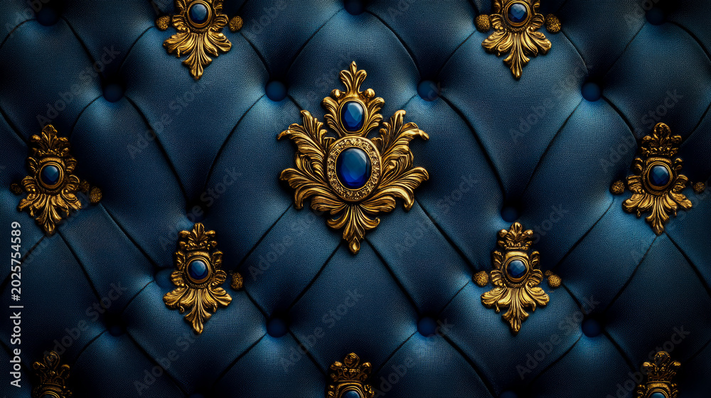 Fototapeta premium Luxurious Deep Blue Tufted Upholstery Background Adorned with Ornate Gold Embellishments and Sapphire Gemstones, Evoking Regal Elegance and Vintage Opulence