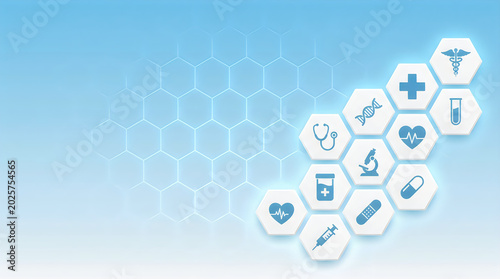 Medical icons, healthcare symbols, blue hexagon background, wellness signs