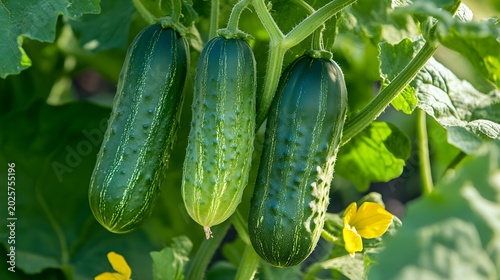 Three ripe cucumbers growing on a vine with yellow flowers in a garden