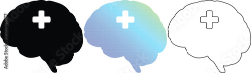 Photos Mental health brain icons with medical cross, human brain silhouette set in blac