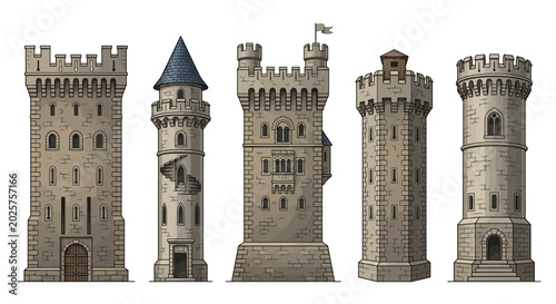 Fotografie castle towers illustration set of four medieval stone structures