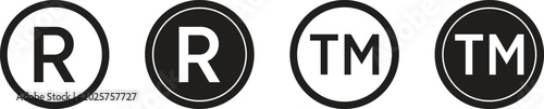 Registered trademark and TM symbol icons set for intellectual property legal protection and branding