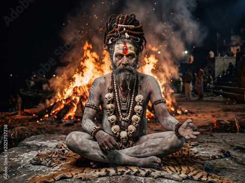 Aghori Sadhu Meditating on Tiger Skin with 
Sacred Fire, Ash Covered Hindu Holy Man 
Varanasi Spiritual Photography Art