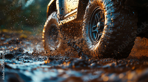 Off-road vehicle driving through muddy water in a forest setting at sunset