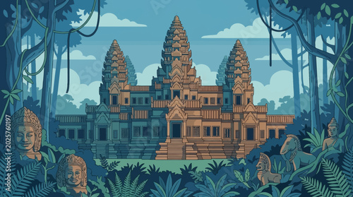 Angkor Wat temple complex in jungle with Buddha statues and ancient stone carvings