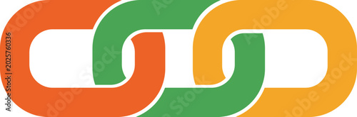 Interlocking abstract shapes in orange, green, and yellow on white background