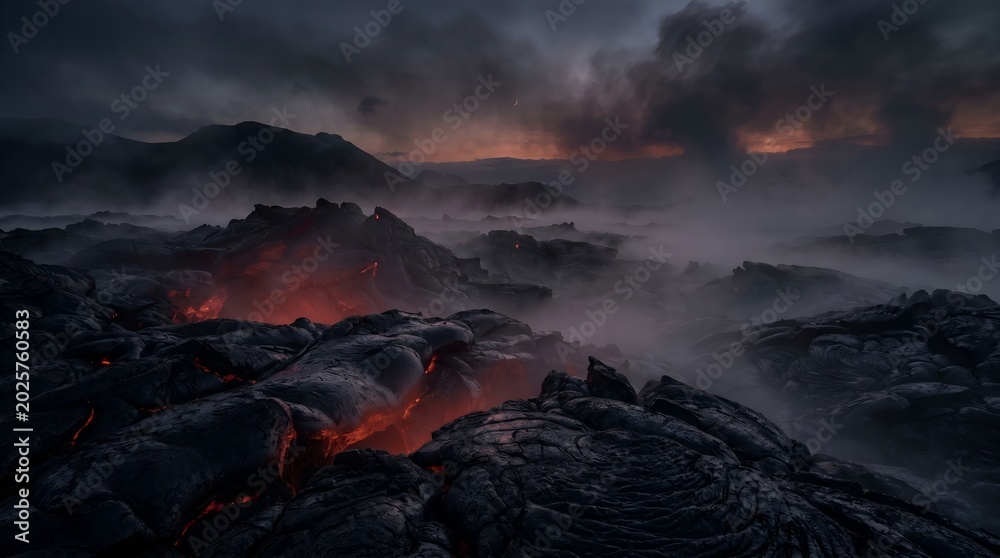 Fototapeta premium Dramatic Volcanic Landscape with Glowing Molten Lava Flowing Under Dark Stormy Skies