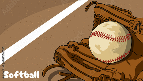 Photos A stylized vector illustration of a baseball or softball resting inside a brown leather glove on a dirt field with a white foul line