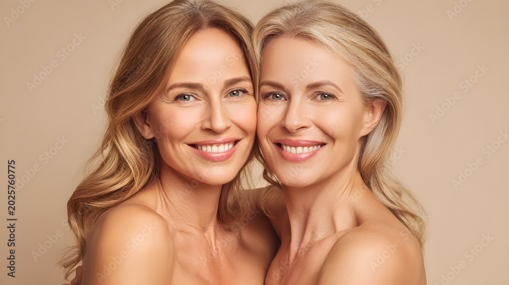 Fototapeta premium Smiling young and senior women in a beauty studio portrait. Healthy aging and wellness branding for cosmetics, skincare, and family-oriented care.