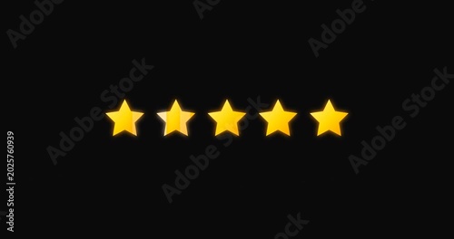 Five golden stars rating animation popping up and shining on a black background, customer review UI element
