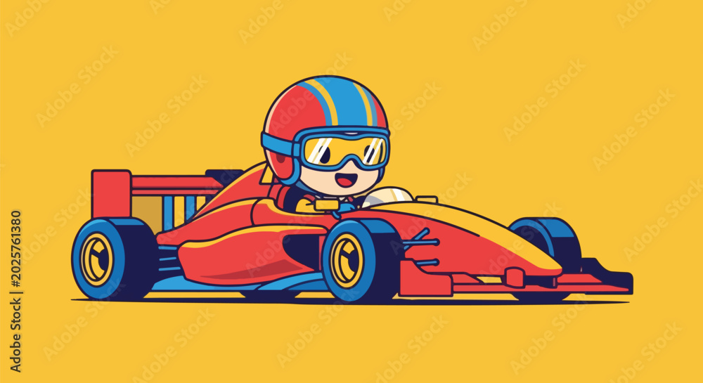 Fototapeta premium Cartoon Racer Kid in Formula 1 Car on Yellow Background.