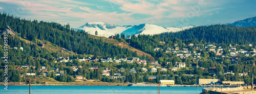 Panoramic view of fjord and Mo i Rana city. Norway