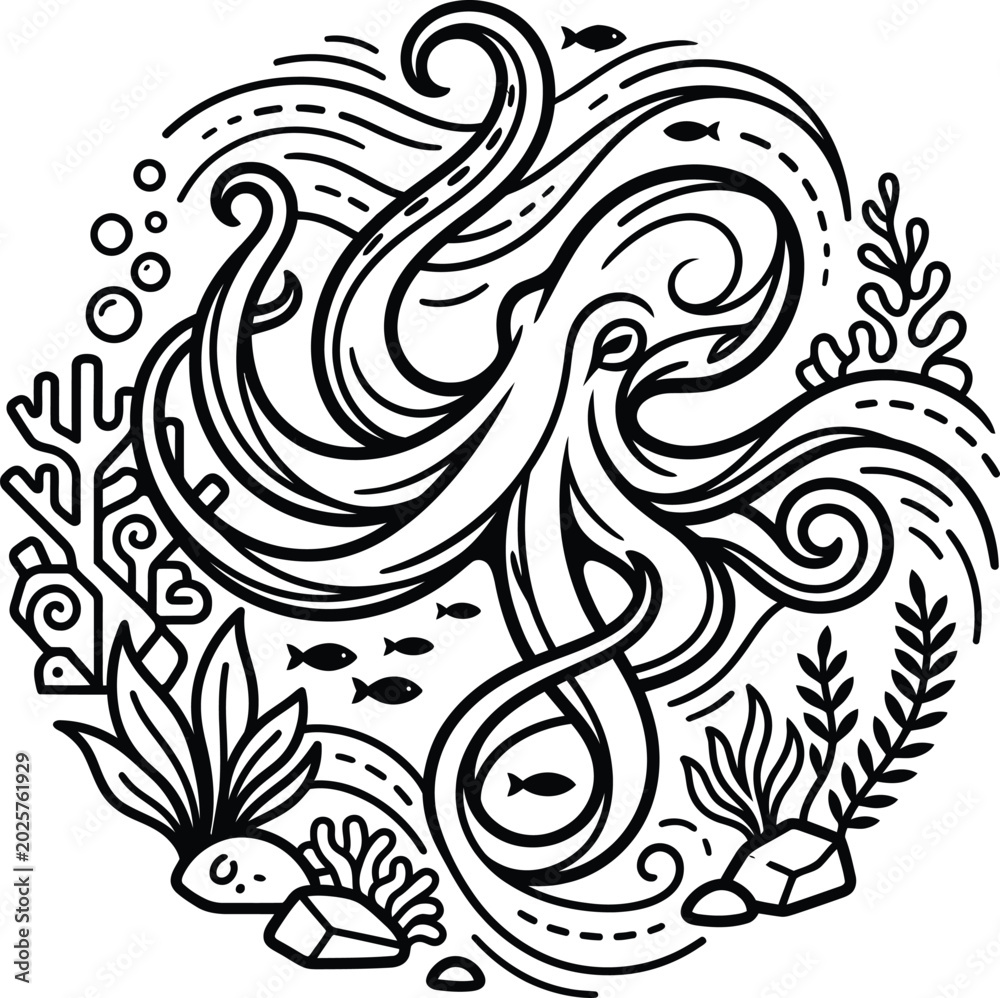 Fototapeta premium Circular underwater scene with octopus seaweed fish and swirling water currents.