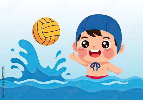 Cute cartoon boy playing water polo in swimming pool.