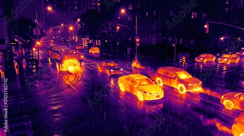 Thermal Camera Traffic: A high-contrast infrared thermal image of cars passing through a rainy city intersection at night, showing heat signatures in bright yellow, orange, and purple.
