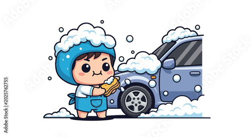 Cute Child Washing Car Snowy Bubbles Fun Summer Activity.