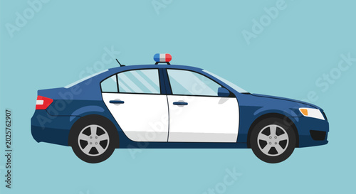 Police Car Side View Graphic Law Enforcement Vehicle with Lights.