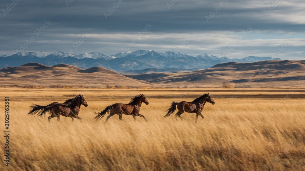 Fototapeta premium Three horses gallop through golden prairie grass towards distant, snow-capped mountains under a dramatic sky