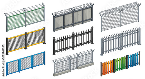 Konstfotografi assorted fences and barriers isometric vector illustration