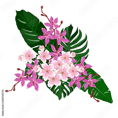 Elegant bouquet of pink and white tropical flowers and leaves. Hand drawn floral arrangement for wedding invitations, business cards, postcards, and textiles.Isolated on white background