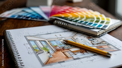 Close-up of a wooden table displaying a sketch, color swatches, and a pencil, suggesting interior design