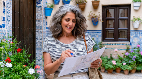 In a beautiful courtyard adorned with colorful flowers and blue pots, a woman with wavy gray hair happily examines a map, enjoying the sunny atmosphere of her surroundings.