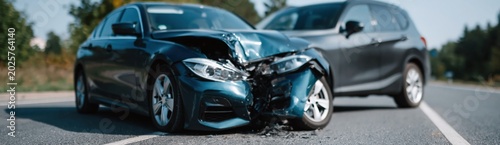 Two cars colliding head on on rural two lane road during daytime
