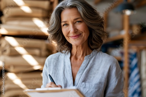 Mature woman business owner managing small warehouse inventory