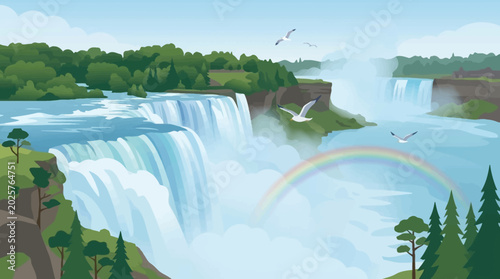 Foto Niagara Falls scenic landscape with rainbow and seagulls flying