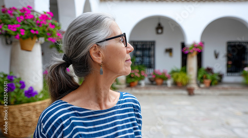 In a delightful courtyard adorned with colorful flowers, a woman with silver hair and glasses stands joyfully, soaking up the sun and admiring her surroundings with a peaceful expression.