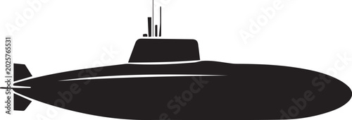 Tableau sur toile Silhouette of a submarine with antennas extending from the conning tower, set against a stark white background, symbolizing naval power and underwater exploration