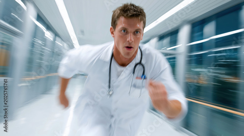 Male doctor sprinting through hospital hallway with determined expression and clinical lighting in emergency setting. Rapid healthcare response concept