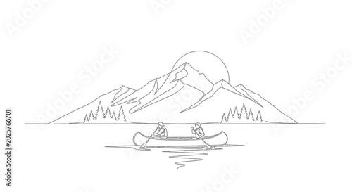 Canvas Print Minimalist Line Art: Canoeing on Lake with Mountain and Sun Silhouette
