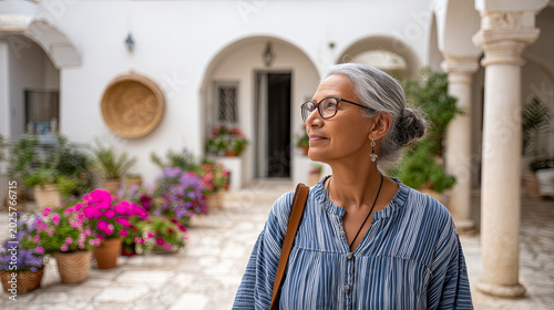 A woman stands gracefully in a charming courtyard adorned with vibrant flowers. She gazes upward, basking in the beauty around her. The sun casts a warm glow, creating a serene atmosphere.
