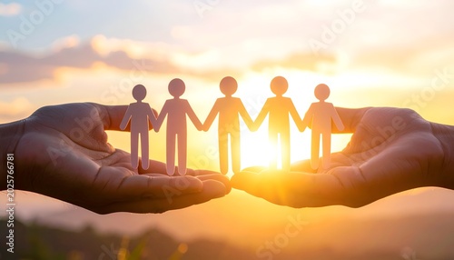 Hands cradle paper figures of people holding hands. Sunset glows behind the silhouette of unity